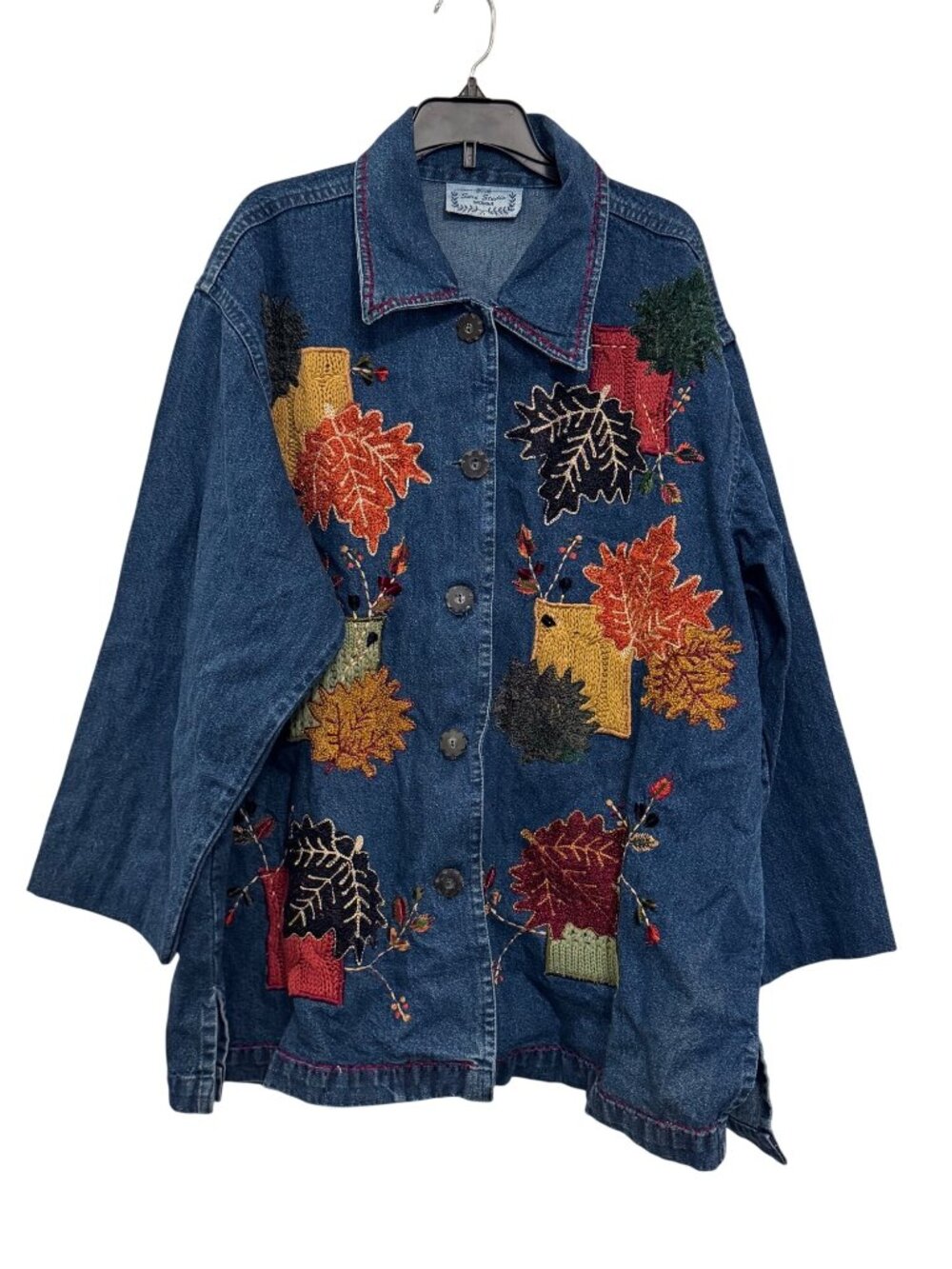 Sara Studio Womens Denim Jacket With Fall Leaf Embroidery
